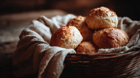Warm bread rolls are arranged in a woven basket with a linen cloth, surrounded by a cozy, rustic setting illuminated by gentle light.の素材