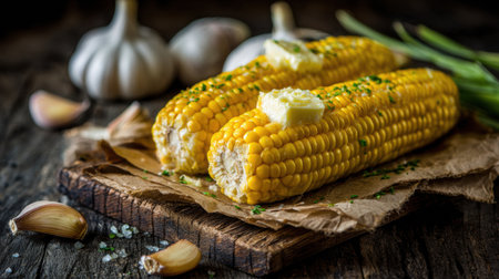 Sweet corn on the cob topped with melting butter and garnished with chopped herbs, surrounded by garlic cloves and fresh ingredients, perfect for summer dining.の素材