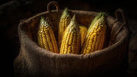 Golden corn cobs are arranged neatly inside a burlap sack, resting on a dark, textured surface under warm lighting that highlights their freshness.の素材
