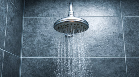 A modern showerhead releases a steady stream of water in a sleek, tiled bathroom, creating a refreshing atmosphere for a morning routine.の素材