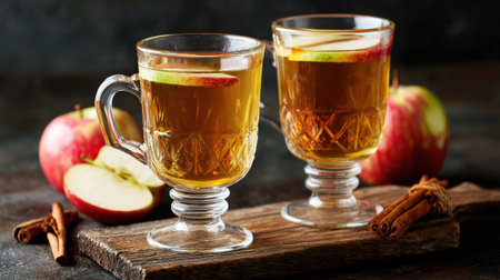 Warm apple cider garnished with apple slices served in elegant glasses on a wooden board with whole apples and cinnamon sticks, perfect for fall gatherings.の素材