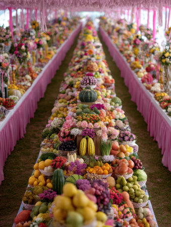 Colorful array of fresh fruits and flowers set on long tables for a celebratory event in a lively market environment.の素材