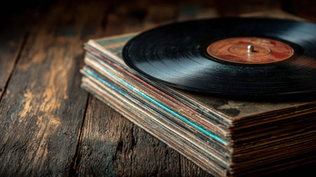 Vinyl records stack on a rustic table, their grooves and labels glowing in warm light, inviting listeners to enjoy classic tunes.の素材