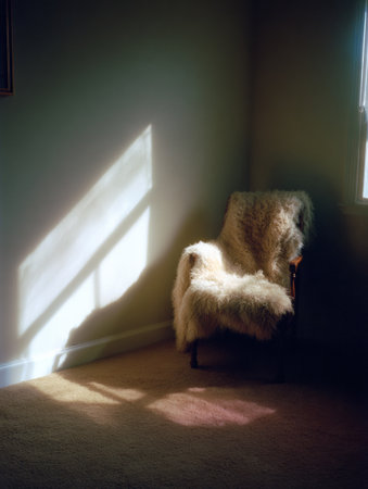 Soft sunlight illuminates a corner of a tranquil room, highlighting a fluffy chair and casting gentle shadows on the warm carpeted floor.の素材
