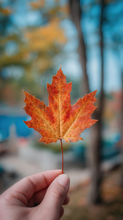 Hand holding a vibrant orange maple leaf with a beautiful blue background filled with trees and hints of fall colors creating a serene atmosphere.の素材