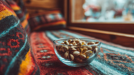 A glass bowl filled with pistachios rests on a beautifully patterned couch, showing rich colors and textures in a cozy indoor setting.の素材