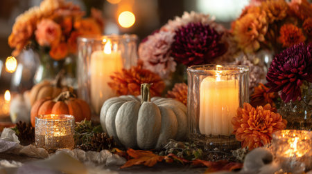 A vibrant display of colorful flowers, pumpkins, and flickering candles creates a warm and inviting atmosphere for autumn celebrations.の素材