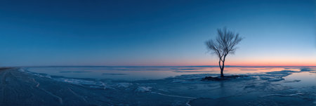 Soft hues of pink and blue illuminate the horizon as a solitary tree stands on the edge of a frozen lake, surrounded by ice and reflections.の素材