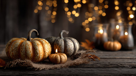 Cozy autumn ambiance featuring decorative pumpkins and glowing candles amidst warm lights, creating a festive atmosphere for seasonal gatherings.の素材
