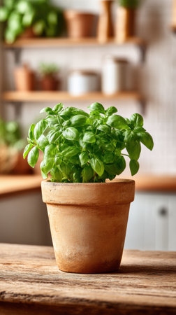 Basil plant in a terracotta pot rests on a wooden table, surrounded by a cozy kitchen filled with various indoor plants, showing a vibrant setting.の素材