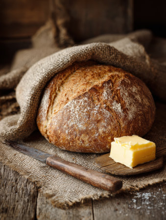 Homemade bread sits warm beneath a linen covering, accompanied by a slice of butter on a rustic wooden board, creating a cozy dining atmosphere.の素材