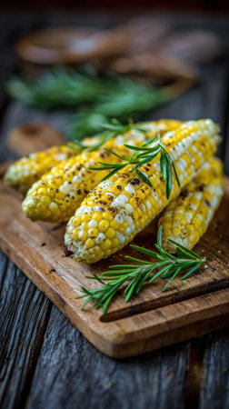 Freshly grilled corn on the cob placed on a wooden cutting board, garnished with sprigs of green rosemary, showing a summer culinary delight.の素材