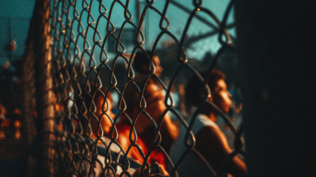 Group of children observing an exciting basketball game through a chain-link fence as the sun sets, casting warm light on the scene.の素材