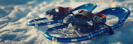 Snowshoes are placed on a blanket of fresh snow, highlighting winter activities enjoyed in peaceful, cold weather conditions.の素材