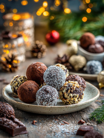 A variety of handmade chocolate truffles displayed on a rustic plate, surrounded by holiday decorations and warm lights, perfect for festive gatherings.の素材