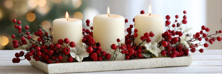 A beautiful arrangement features three lit white candles surrounded by vibrant red berries and delicate greenery, enhancing the holiday atmosphere.の素材