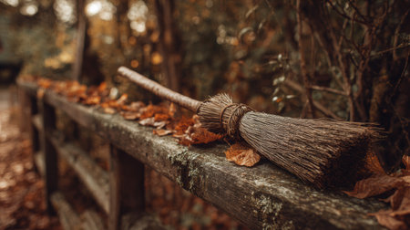 A rustic broom lies on a weathered wooden fence, surrounded by colorful autumn leaves as the sun casts a warm glow in the late afternoon.の素材