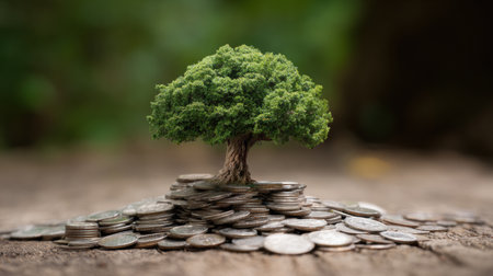 A green tree rises from a stack of coins, symbolizing financial growth and sustainability, set against a blurred natural background in daytime.の素材