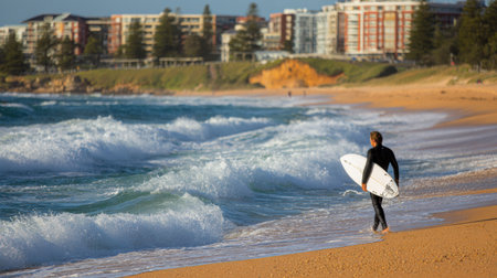 Surfer carrying a board strolls on sandy shore as waves crash and sun sets behind urban buildings in the background, creating a picturesque atmosphere.の素材