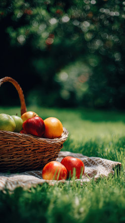 A woven basket filled with assorted apples and oranges rests on a soft blanket in a sunlit grassy area, showing vibrant colors in nature.の素材