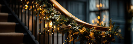 Elegant staircase adorned with a lush garland, sparkling lights glowing softly in the cozy atmosphere of a winter holiday evening.の素材