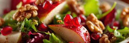 Freshly prepared salad featuring sliced apples, pomegranate seeds, and walnuts, all beautifully arranged on a plate, perfect for a healthy meal.の素材