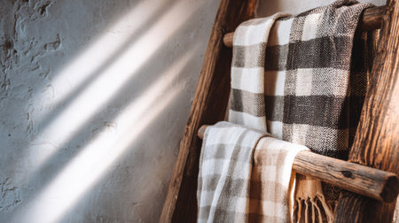 Cotton scarves with checkered patterns are neatly draped over a wooden ladder, illuminated by gentle afternoon light against a rustic wall.の素材