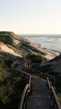 A beautiful wooden walkway meanders through lush greenery, leading to serene sandy dunes and a tranquil ocean at sunrise, showingcasing natures beauty.の素材