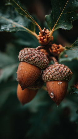Close-up view of acorns nestled in lush oak leaves, capturing morning dew and showing the intricate textures and colors in a tranquil setting.の素材
