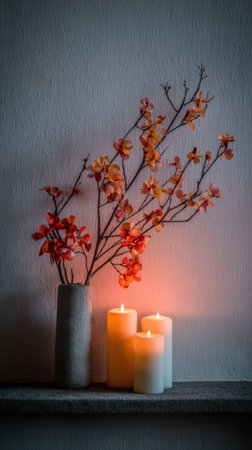Warm candles illuminate a lovely display of autumnal branches with colorful leaves arranged in a textured vase on a rustic shelf in a tranquil indoor space.の素材