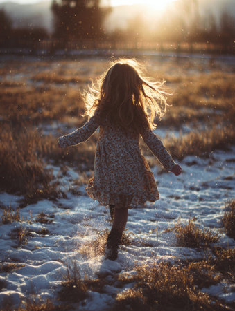A young girl with long hair runs happily across a snowy field as the sun sets, casting a warm light over the landscape and creating a magical atmosphere.の素材