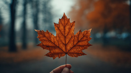 A vibrant orange maple leaf is prominently displayed in a hand, set against a soft focus background of a wooded area during autumn.の素材