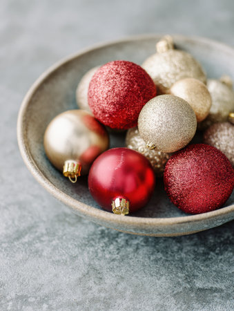 Various shiny red and gold holiday ornaments are artfully placed in a rustic bowl on a gray background, creating a warm seasonal atmosphere.の素材