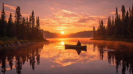 A lone canoeist paddles across a calm lake at sunrise, with vibrant colors reflecting on the water and tall trees framing the peaceful view.の素材