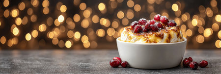 A creamy dessert topped with fresh cranberries sits in a white bowl, set against a backdrop of glowing festive lights, creating a warm atmosphere.の素材