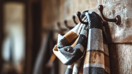 Checkered scarves in warm colors hang neatly on hooks attached to a wooden wall in a cozy, rustic setting, evoking a sense of comfort and style.の素材