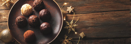 Handcrafted chocolate truffles in various flavors placed on a rustic plate, surrounded by festive decorations showcasing a warm celebration atmosphere.の素材