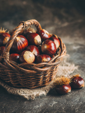 A woven basket filled with freshly picked chestnuts sits on a textured surface, showing the rich colors and textures of autumn harvest.の素材