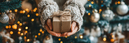 A person wearing warm knit gloves holds a small wrapped gift in front of a sparkling Christmas tree adorned with lights and ornaments.の素材