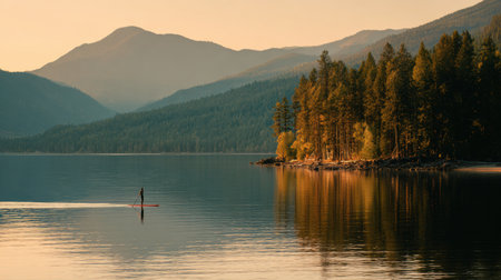 A person paddleboards peacefully on a tranquil lake at sunset, with mountains and trees reflected on the waters surface. The atmosphere is serene.の素材