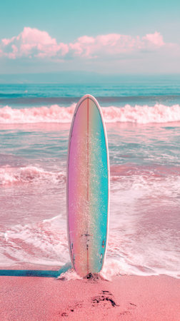 Vibrant surfboard leans on the shore with gentle waves lapping around it under a clear blue sky on a warm, sunny afternoon.の素材