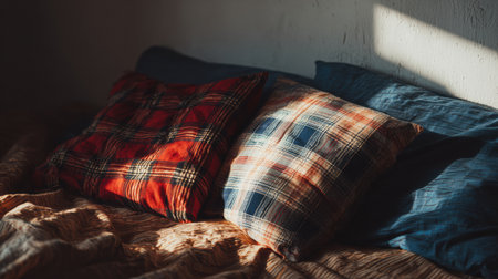 Soft sunlight filters through a window, illuminating plaid pillows in rich colors resting on a made bed, creating a warm and inviting setting.の素材