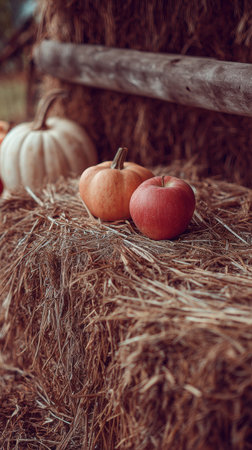 Colorful pumpkins and red apples are arranged on hay bales, capturing the essence of autumn at a fall festival with warm, inviting tones.の素材