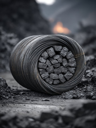 Close-up of a coil of wire tightly wrapped around small stones, resting on a rough, uneven surface in a dimly lit industrial area.の素材