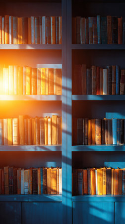Warm sunlight filters through a window, casting a golden glow on neatly arranged books on shelves, creating a tranquil atmosphere in the room.の素材