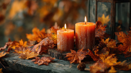 Two lit candles rest on a wooden surface, surrounded by vibrant orange and brown autumn leaves, evoking a peaceful and inviting fall ambiance.の素材