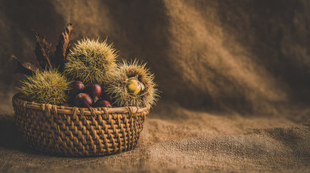 A woven basket brims with ripe chestnuts and prickly burrs, artfully displayed on rustic cloth, embodying autumns harvest.の素材