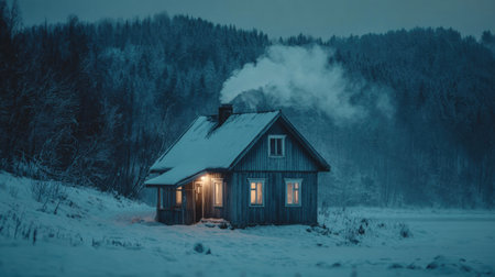 A wooden cabin stands in a snowy landscape, emitting smoke from its chimney as twilight sets in.の素材