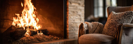 A cozy living room with a crackling fireplace, soft armchair, and a knitted blanket offers a warm, inviting atmosphere.の素材