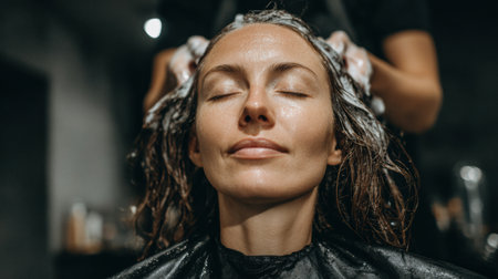 A woman relaxes with her eyes closed while receiving a soothing hair wash at a contemporary salon, experiencing professional hair care and pampering.の素材
